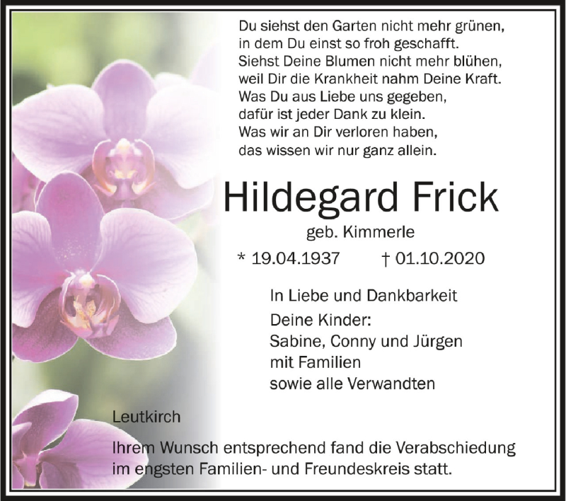 Traueranzeigen Von Hildegard Frick Schwaebische De Trauerportal My