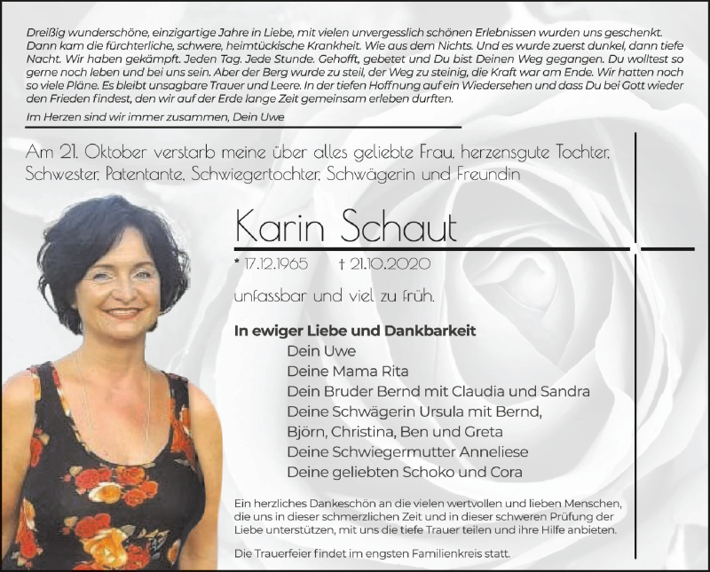  Traueranzeige für Karin Schaut vom 26.10.2020 aus Schwäbische Zeitung
