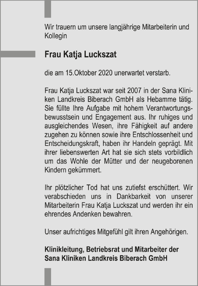 Traueranzeige für Katja Luckszat vom 22.10.2020 aus Schwäbische Zeitung