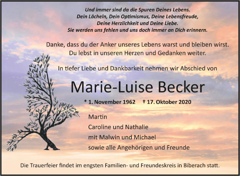  Traueranzeige für Marie-Luise Becker vom 23.10.2020 aus Schwäbische Zeitung