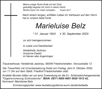 Anzeige von Marieluise Belz von Schwäbische Zeitung