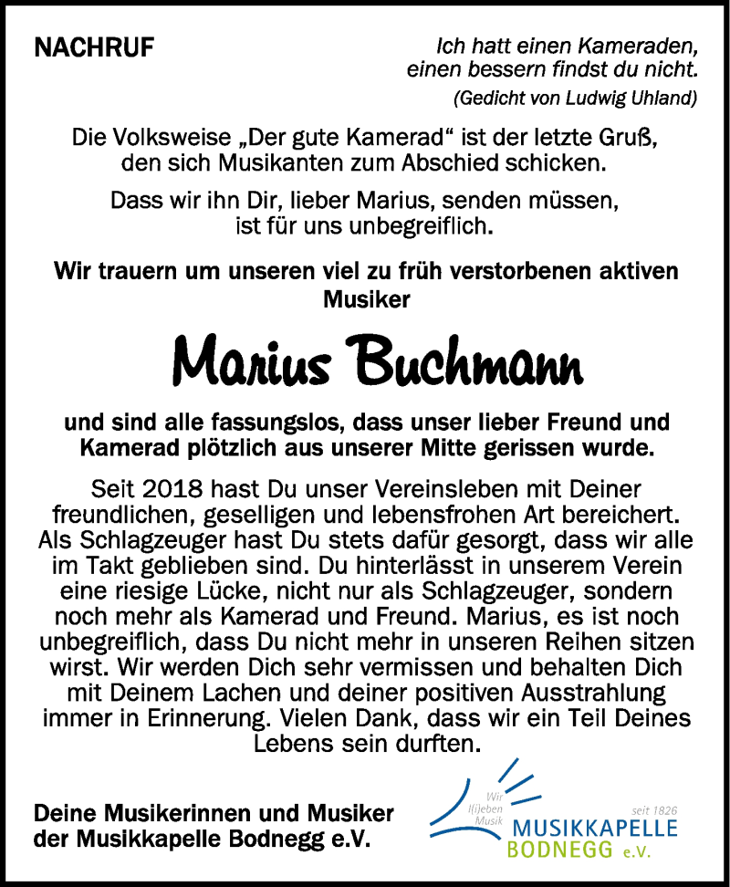  Traueranzeige für Marius Buchmann vom 10.10.2020 aus Schwäbische Zeitung