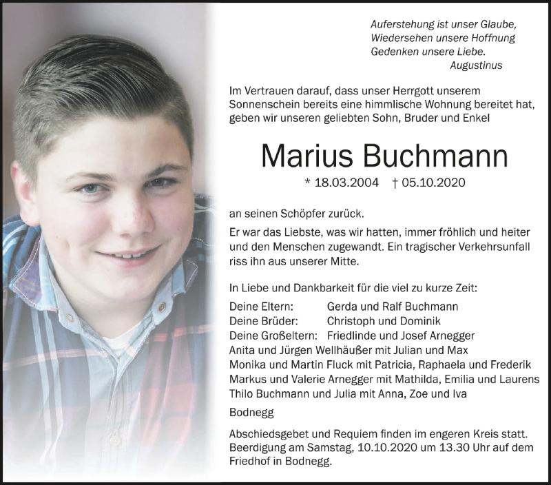 Traueranzeige für Marius Buchmann vom 08.10.2020 aus Schwäbische Zeitung