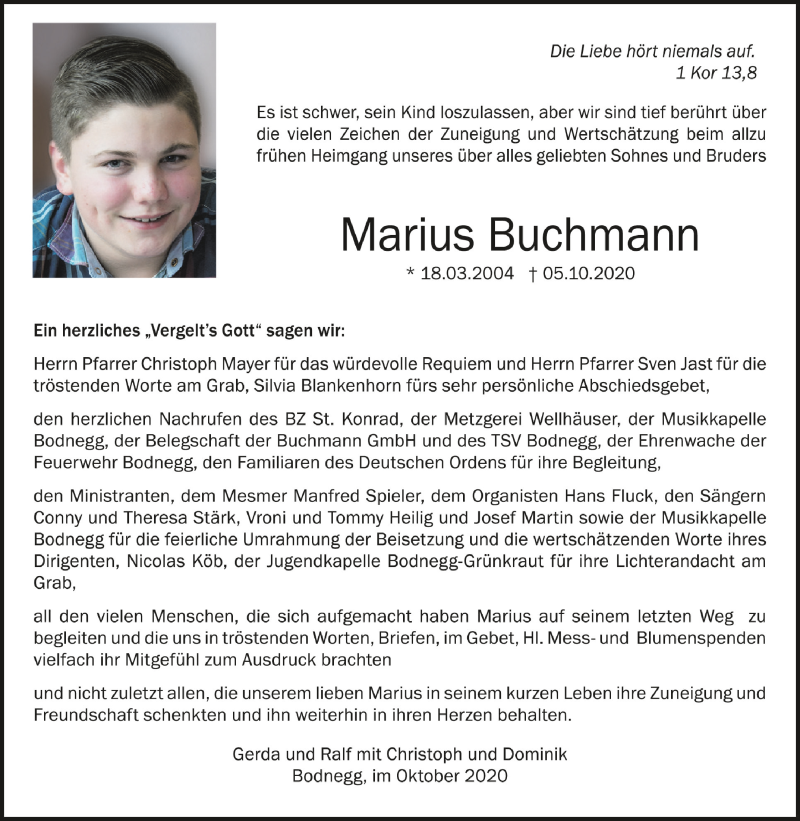  Traueranzeige für Marius Buchmann vom 23.10.2020 aus Schwäbische Zeitung