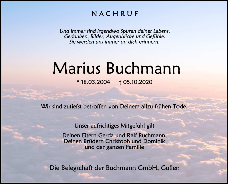  Traueranzeige für Marius Buchmann vom 12.10.2020 aus Schwäbische Zeitung