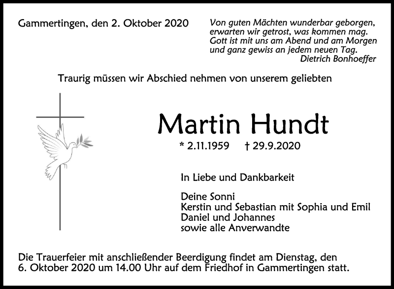  Traueranzeige für Martin Hundt vom 02.10.2020 aus Schwäbische Zeitung