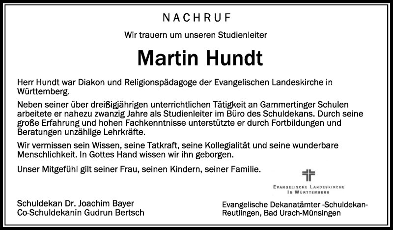  Traueranzeige für Martin Hundt vom 05.10.2020 aus Schwäbische Zeitung