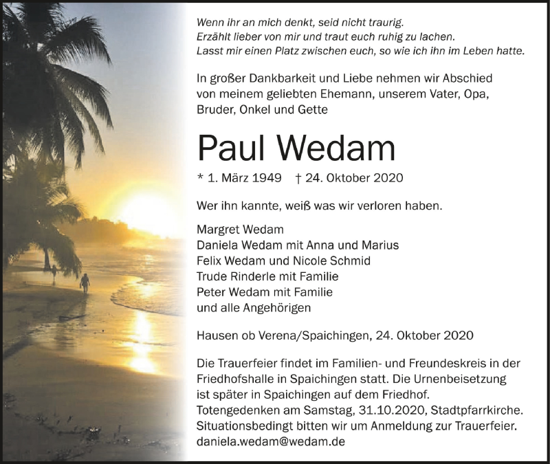  Traueranzeige für Paul Wedam vom 26.10.2020 aus Schwäbische Zeitung