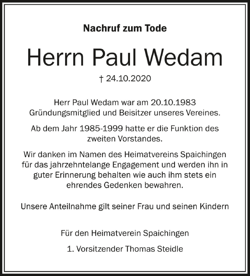  Traueranzeige für Paul Wedam vom 29.10.2020 aus Schwäbische Zeitung