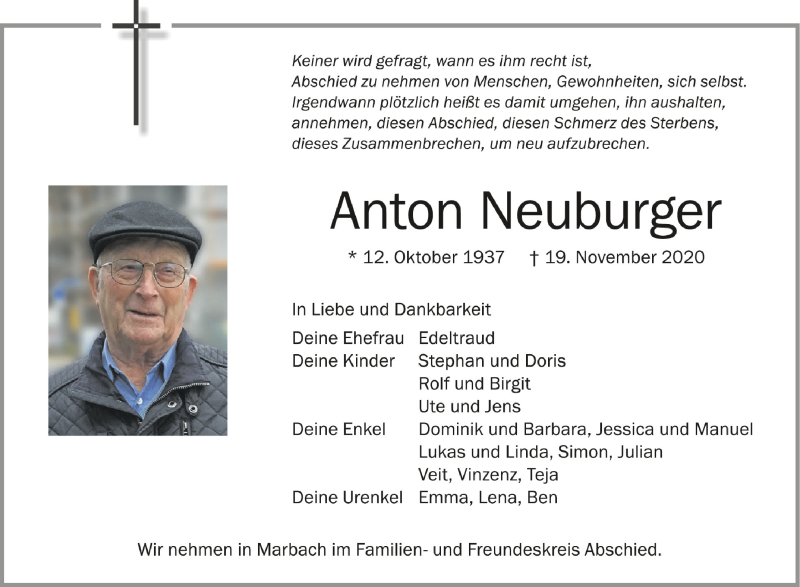  Traueranzeige für Anton Neuburger vom 23.11.2020 aus Schwäbische Zeitung