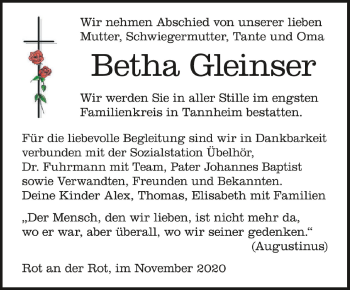 Anzeige von Betha Gleinser von Schwäbische Zeitung