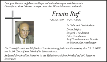 Anzeige von Erwin Ruf von Schwäbische Zeitung