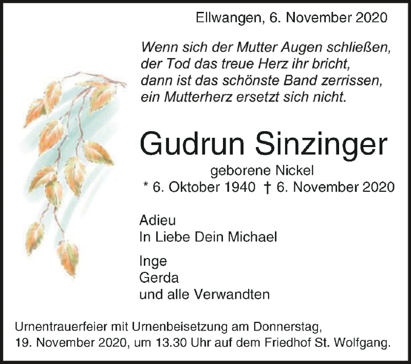  Traueranzeige für Gudrun Sinzinger vom 14.11.2020 aus Schwäbische Zeitung