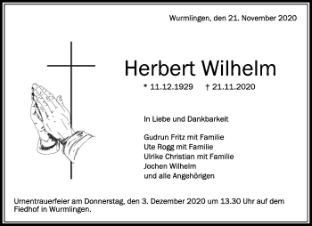 Anzeige von Herbert Wilhelm von Schwäbische Zeitung