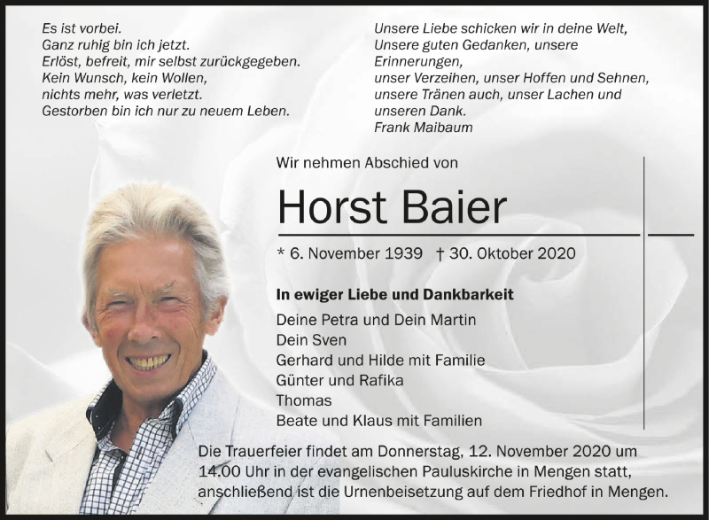  Traueranzeige für Horst  Baier vom 07.11.2020 aus Schwäbische Zeitung