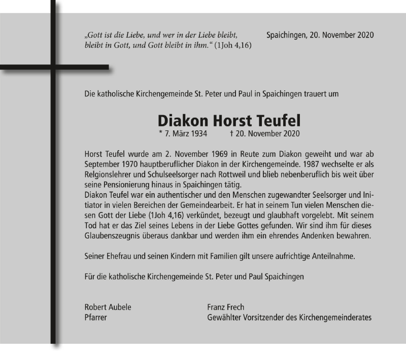  Traueranzeige für Horst Teufel vom 24.11.2020 aus Schwäbische Zeitung