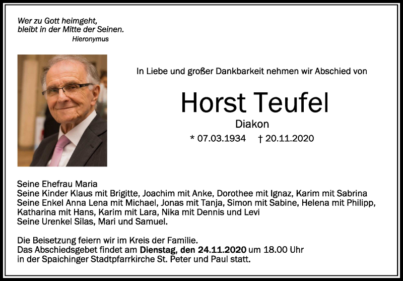  Traueranzeige für Horst Teufel vom 24.11.2020 aus Schwäbische Zeitung