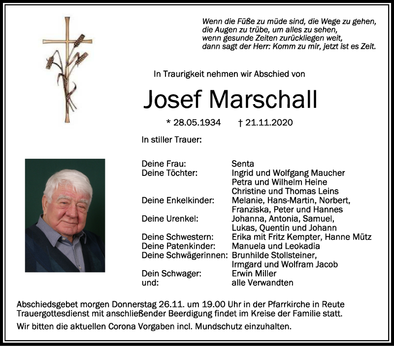  Traueranzeige für Josef Marschall vom 25.11.2020 aus Schwäbische Zeitung