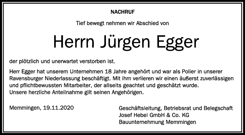  Traueranzeige für Jürgen Egger vom 19.11.2020 aus Schwäbische Zeitung