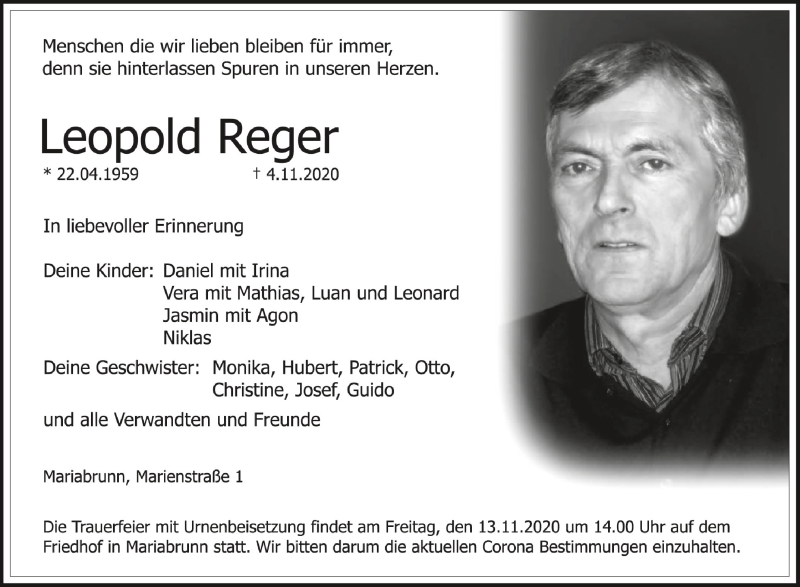  Traueranzeige für Leopold Reger vom 11.11.2020 aus Schwäbische Zeitung