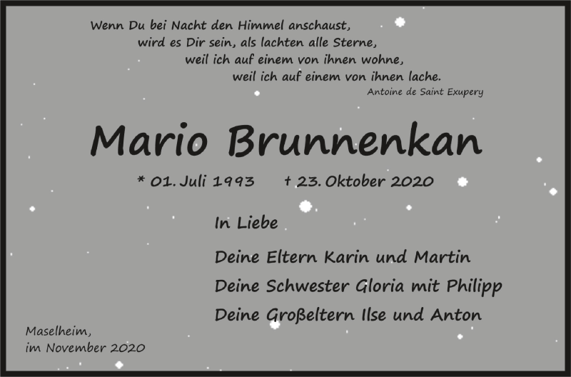  Traueranzeige für Mario Brunnenkan vom 07.11.2020 aus Schwäbische Zeitung