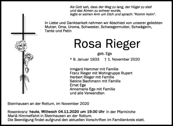 Anzeige von Rosa Rieger von Schwäbische Zeitung