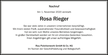 Anzeige von Rosa Rieger von Schwäbische Zeitung