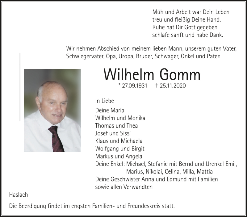  Traueranzeige für Wilhelm Gomm vom 28.11.2020 aus Schwäbische Zeitung