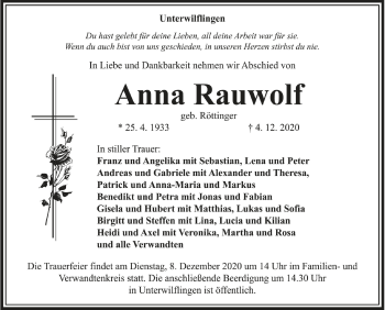 Anzeige von Anna Rauwolf von Schwäbische Zeitung