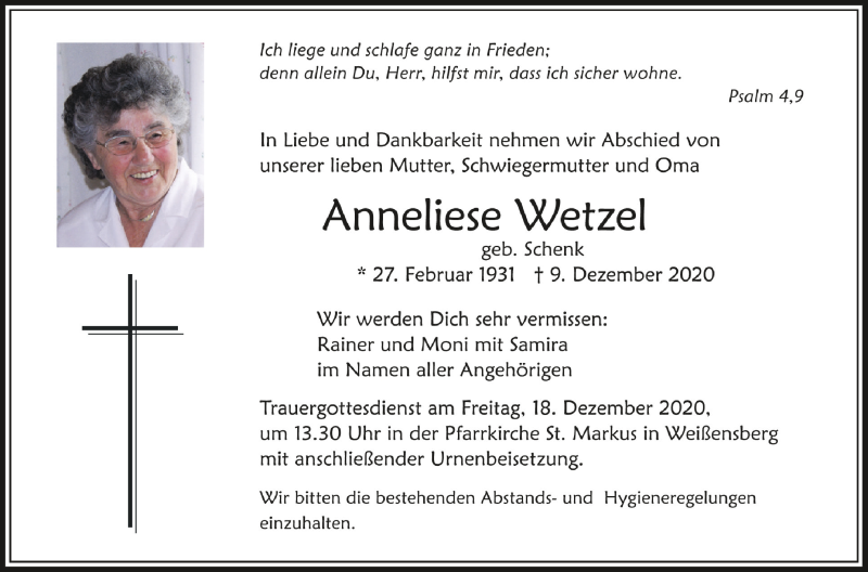  Traueranzeige für Anneliese Wetzel vom 12.12.2020 aus Schwäbische Zeitung