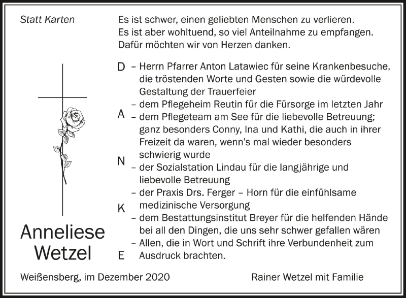  Traueranzeige für Anneliese Wetzel vom 30.12.2020 aus Schwäbische Zeitung