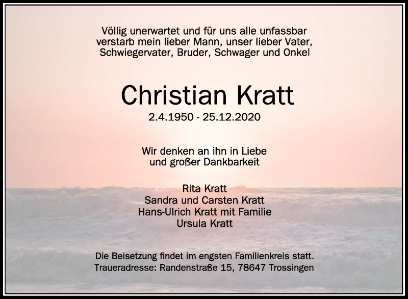  Traueranzeige für Christian Kratt vom 30.12.2020 aus Schwäbische Zeitung