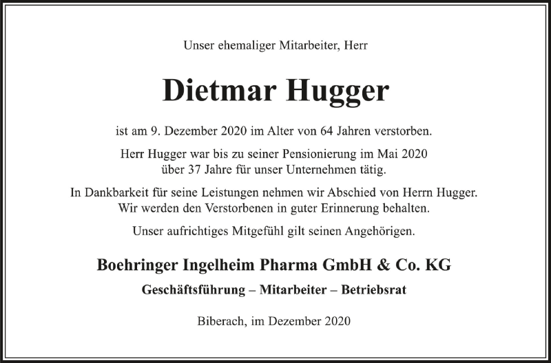  Traueranzeige für Dietmar Hugger vom 19.12.2020 aus Schwäbische Zeitung