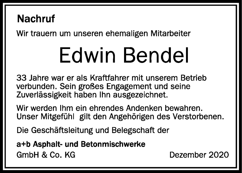  Traueranzeige für Edwin Bendel vom 09.12.2020 aus Schwäbische Zeitung