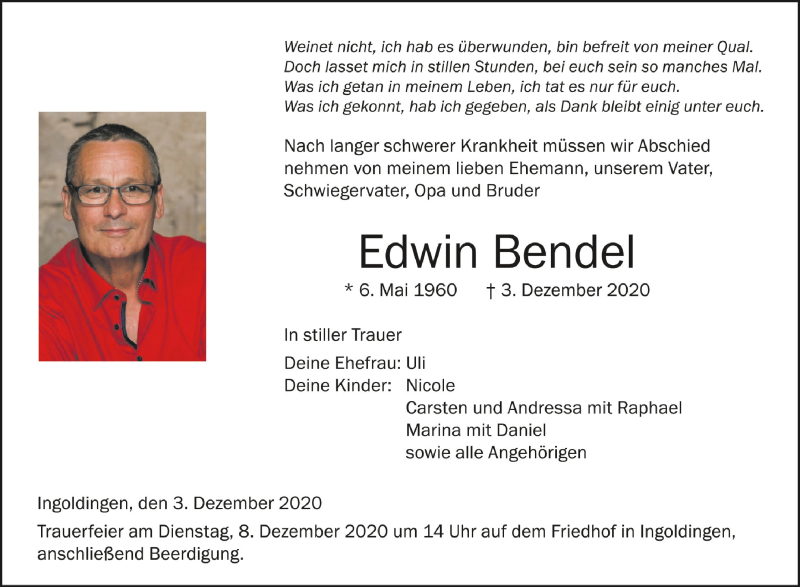 Traueranzeige für Edwin Bendel vom 05.12.2020 aus Schwäbische Zeitung
