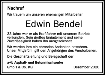 Anzeige von Edwin Bendel von Schwäbische Zeitung