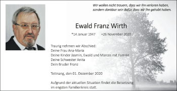 Anzeige von Ewald Franz Wirth von Schwäbische Zeitung