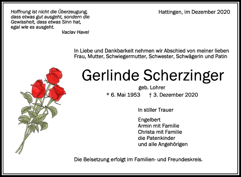  Traueranzeige für Gerline Scherzinger vom 07.12.2020 aus Schwäbische Zeitung