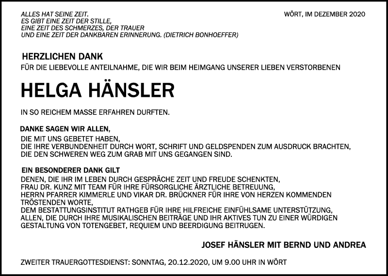 Traueranzeigen Von Helga Hansler Schwaebische De Trauerportal