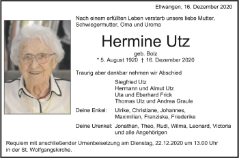 Anzeige von Hermine Utz von Schwäbische Zeitung