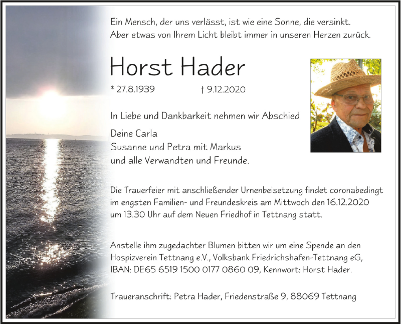  Traueranzeige für Horst Hader vom 12.12.2020 aus Schwäbische Zeitung