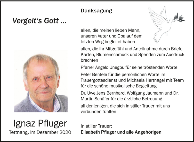  Traueranzeige für Ignaz Pfluger vom 19.12.2020 aus Schwäbische Zeitung