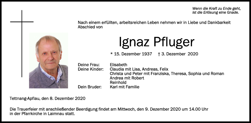  Traueranzeige für Ignaz Pfluger vom 05.12.2020 aus Schwäbische Zeitung