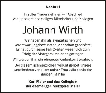 Anzeige von Johann Wirth von Schwäbische Zeitung