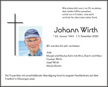 Anzeige von Johann Wirth von Schwäbische Zeitung