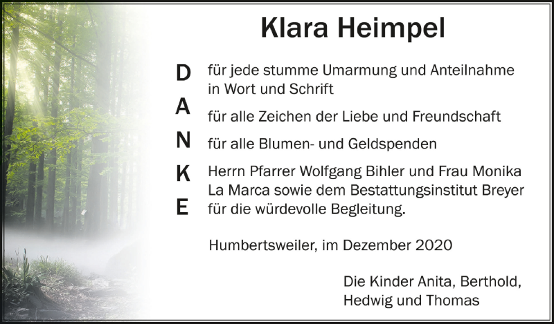  Traueranzeige für Klara Heimpel vom 23.12.2020 aus Schwäbische Zeitung