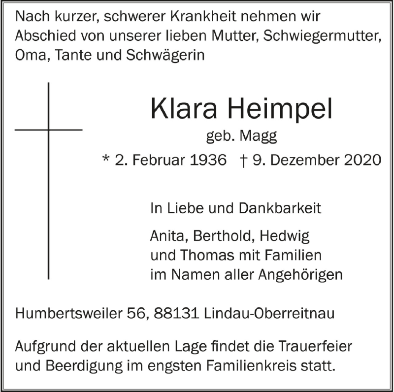  Traueranzeige für Klara Heimpel vom 12.12.2020 aus Schwäbische Zeitung