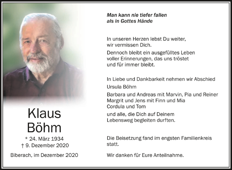  Traueranzeige für Klaus Böhm vom 19.12.2020 aus Schwäbische Zeitung