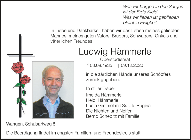  Traueranzeige für Ludwig Hämmerle vom 12.12.2020 aus Schwäbische Zeitung