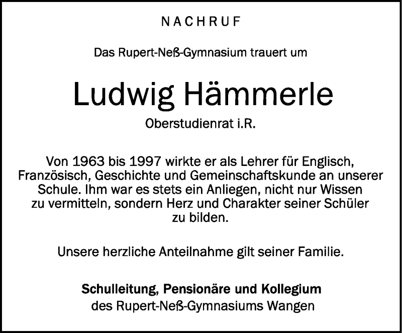  Traueranzeige für Ludwig Hämmerle vom 15.12.2020 aus Schwäbische Zeitung
